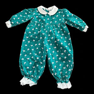 Vintage Nannette baby girls 12 months Green cat dog Bubble Romper Lace 80s 90s